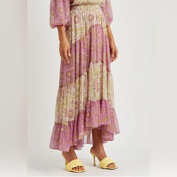 Revolve x MISA Los Angeles chiffon sheer maxi skirt in pink & yellow. Small. NWT - Picture 1 of 10